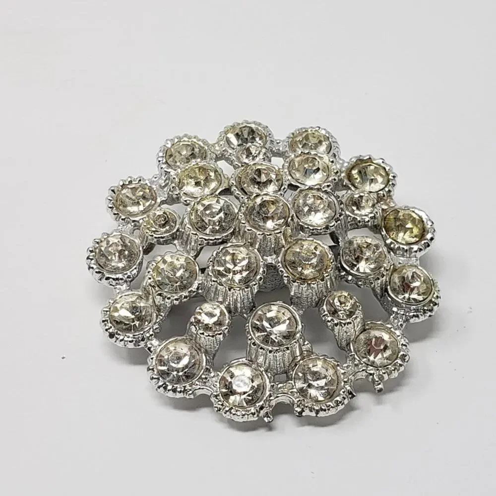 Silver-Tone Clear Gem Rhinestone Tiered Round Brooch